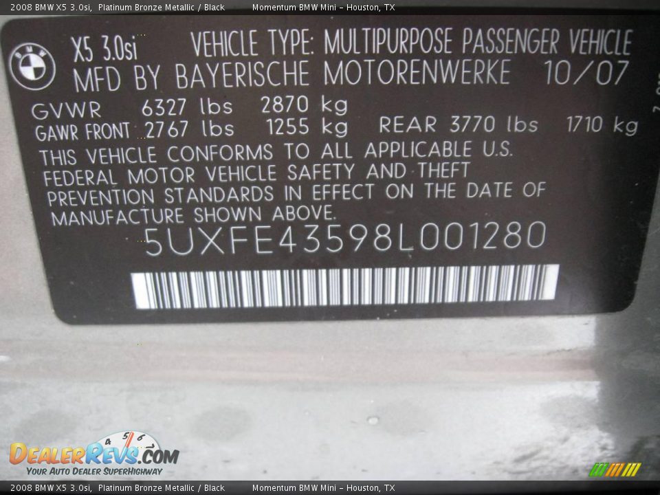2008 BMW X5 3.0si Platinum Bronze Metallic / Black Photo #14
