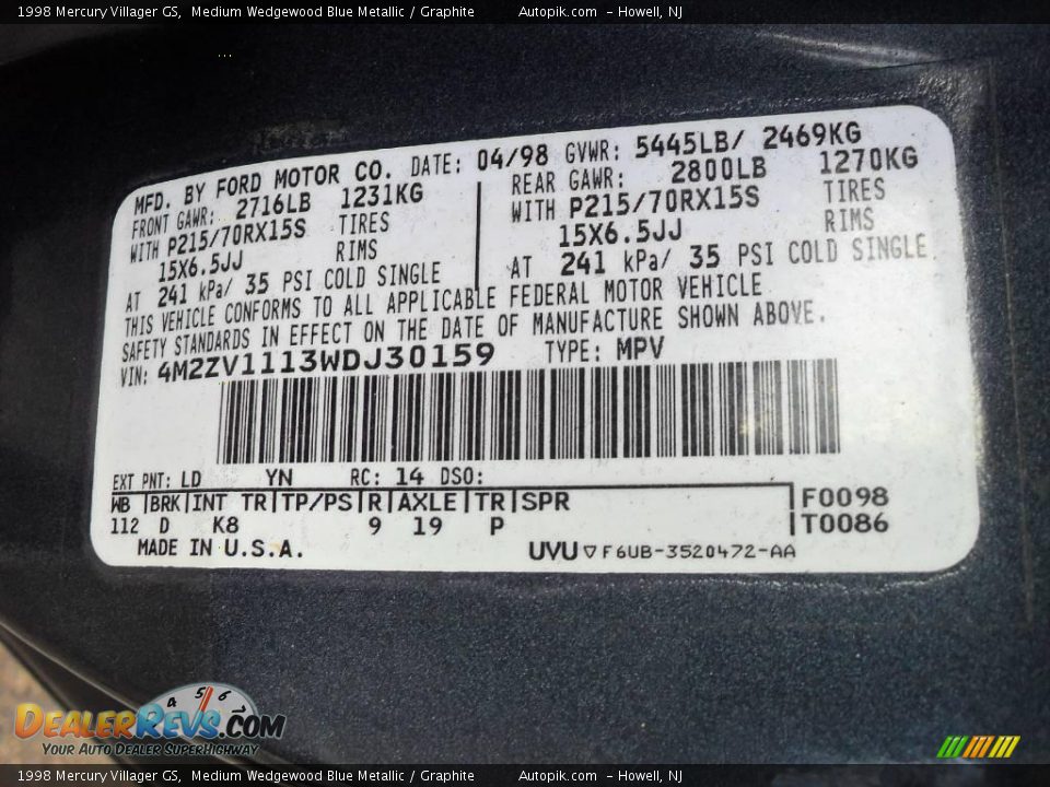 1998 Mercury Villager GS Medium Wedgewood Blue Metallic / Graphite Photo #18