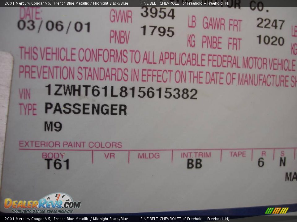 2001 Mercury Cougar V6 French Blue Metallic / Midnight Black/Blue Photo #15
