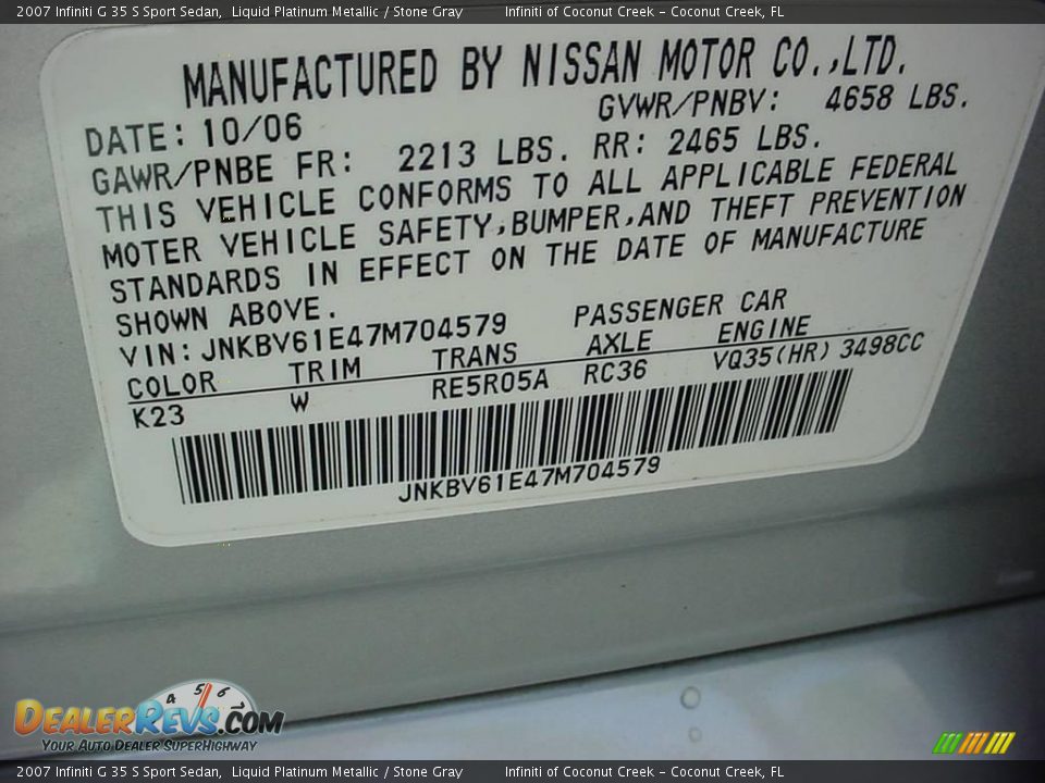 2007 Infiniti G 35 S Sport Sedan Liquid Platinum Metallic / Stone Gray Photo #29