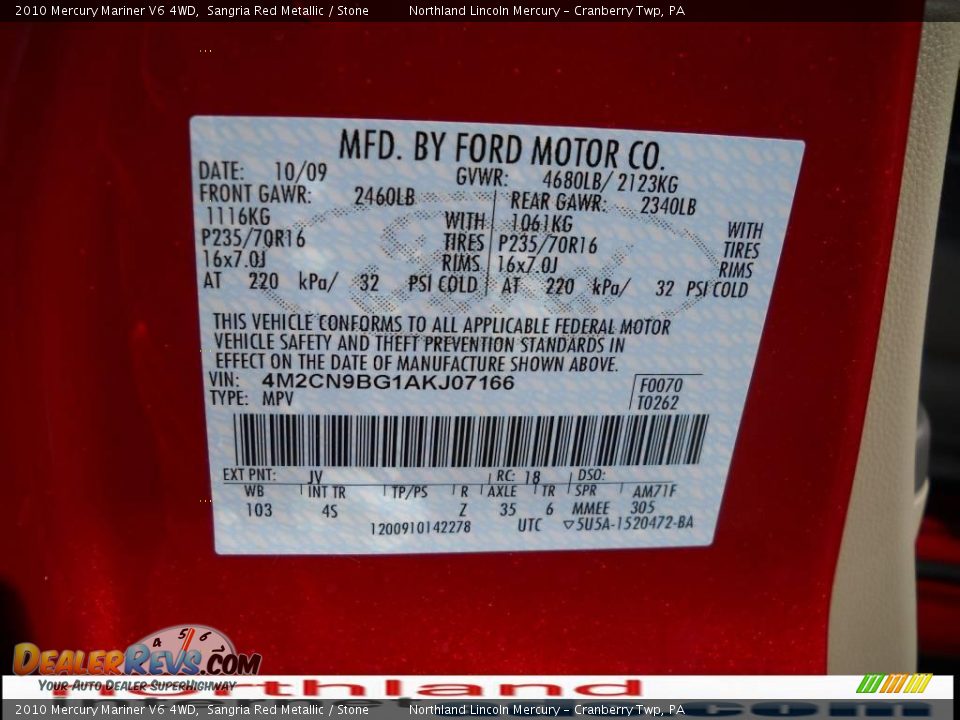 2010 Mercury Mariner V6 4WD Sangria Red Metallic / Stone Photo #9