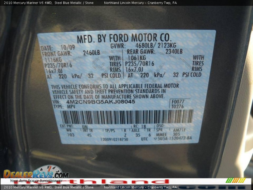 2010 Mercury Mariner V6 4WD Steel Blue Metallic / Stone Photo #9