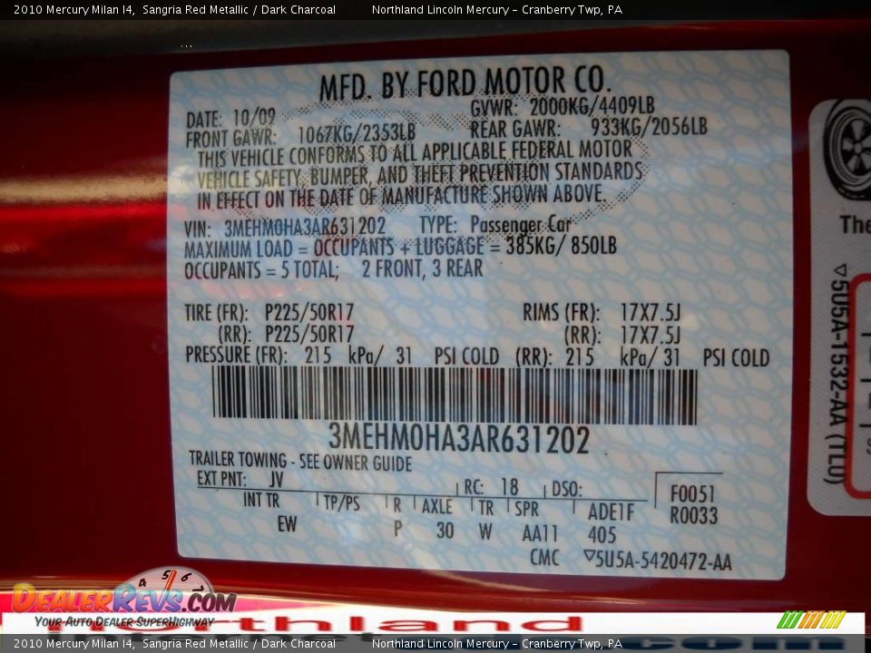 2010 Mercury Milan I4 Sangria Red Metallic / Dark Charcoal Photo #9