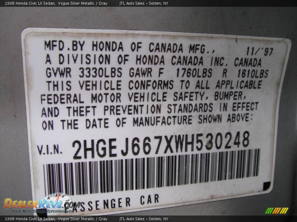 1998 Honda Civic LX Sedan Vogue Silver Metallic / Gray Photo #16