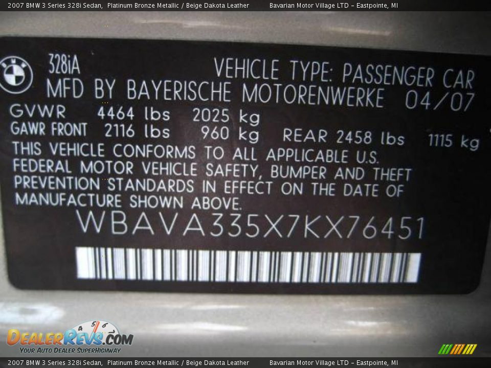 2007 BMW 3 Series 328i Sedan Platinum Bronze Metallic / Beige Dakota Leather Photo #25