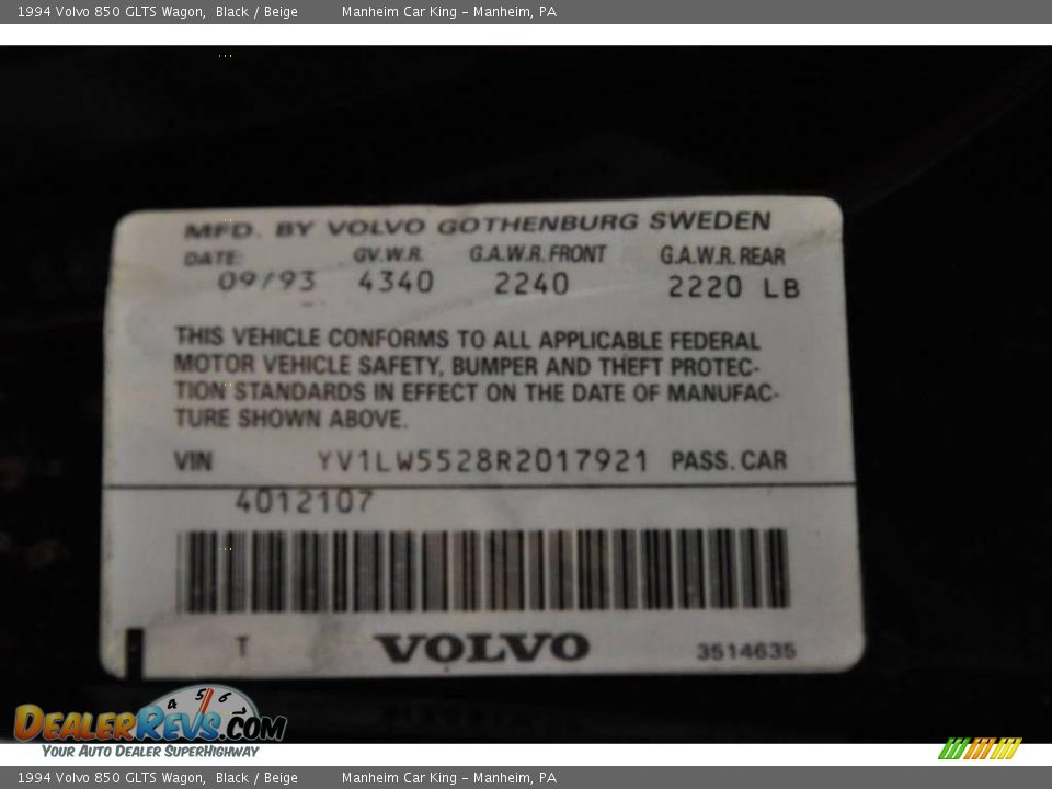 1994 Volvo 850 GLTS Wagon Black / Beige Photo #21