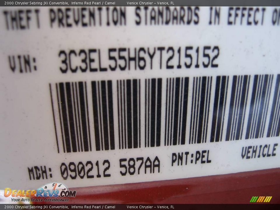 2000 Chrysler Sebring JXi Convertible Inferno Red Pearl / Camel Photo #27