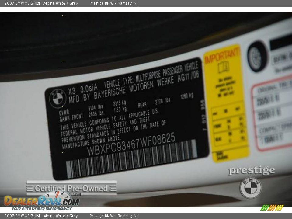 2007 BMW X3 3.0si Alpine White / Grey Photo #6