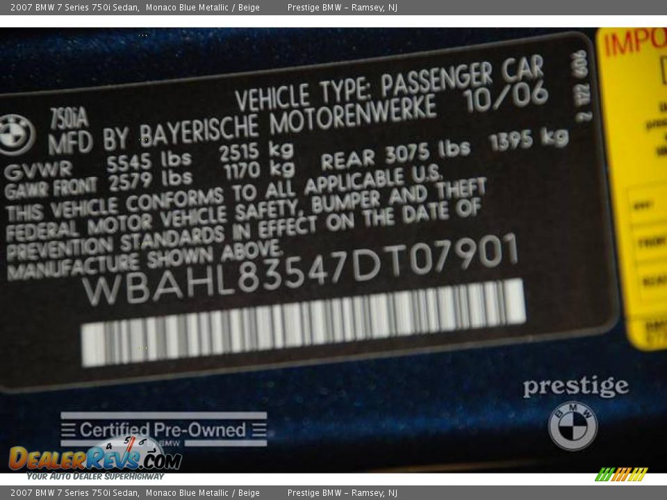 2007 BMW 7 Series 750i Sedan Monaco Blue Metallic / Beige Photo #6