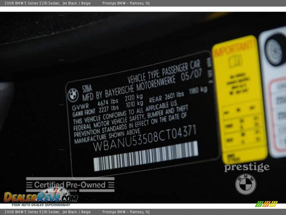 2008 BMW 5 Series 528i Sedan Jet Black / Beige Photo #6