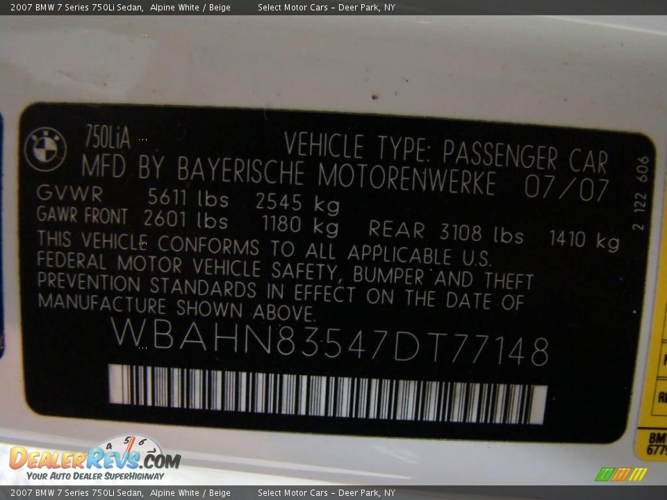 2007 BMW 7 Series 750Li Sedan Alpine White / Beige Photo #16
