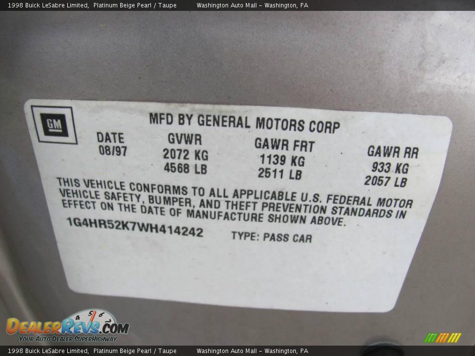 1998 Buick LeSabre Limited Platinum Beige Pearl / Taupe Photo #19
