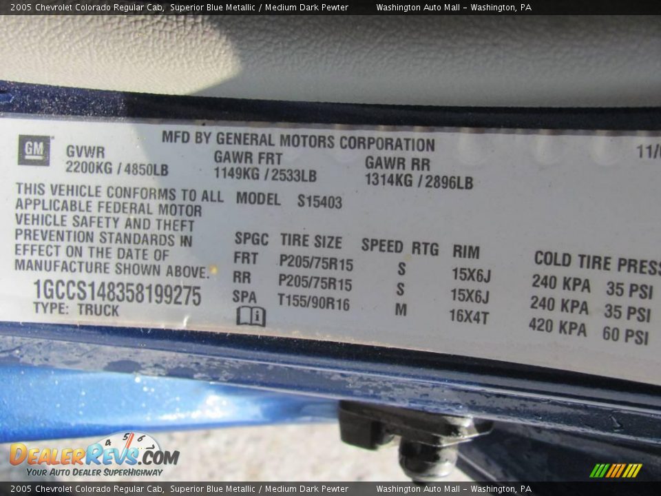 2005 Chevrolet Colorado Regular Cab Superior Blue Metallic / Medium Dark Pewter Photo #19