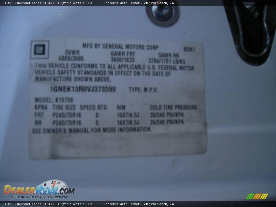 1997 Chevrolet Tahoe LT 4x4 Olympic White / Blue Photo #21