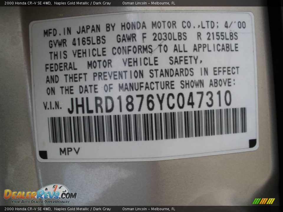 2000 Honda CR-V SE 4WD Naples Gold Metallic / Dark Gray Photo #20