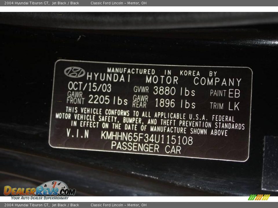 2004 Hyundai Tiburon GT Jet Black / Black Photo #19