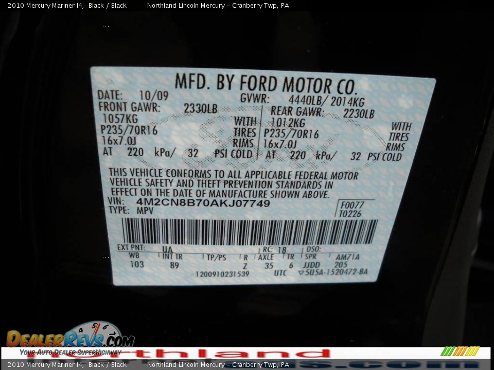 2010 Mercury Mariner I4 Black / Black Photo #9