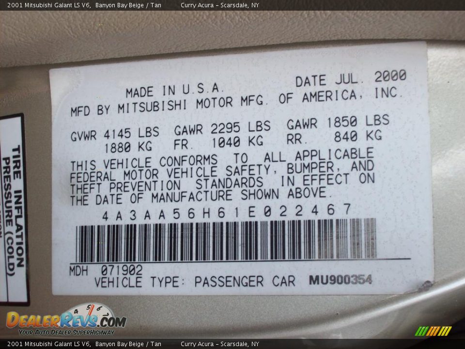 2001 Mitsubishi Galant LS V6 Banyon Bay Beige / Tan Photo #25
