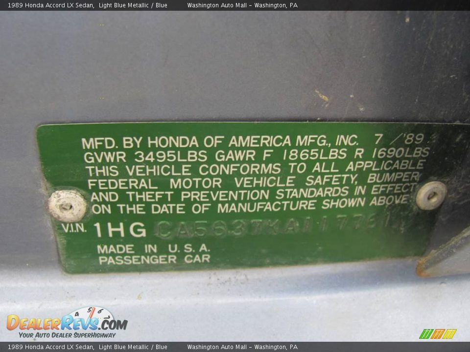 1989 Honda Accord LX Sedan Light Blue Metallic / Blue Photo #19