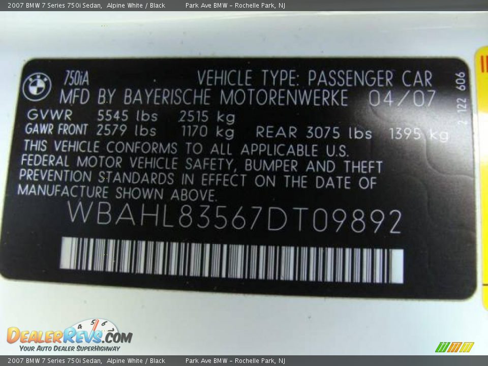 2007 BMW 7 Series 750i Sedan Alpine White / Black Photo #26