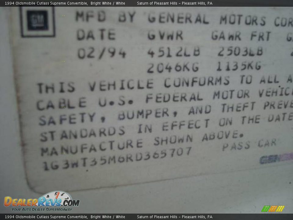 1994 Oldsmobile Cutlass Supreme Convertible Bright White / White Photo #14