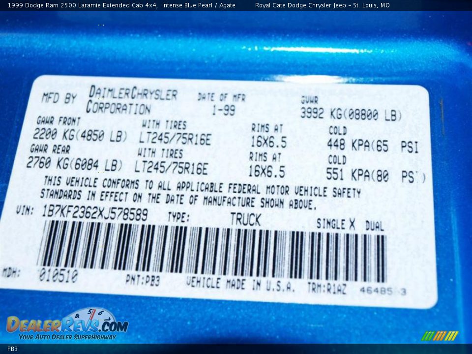 Dodge Color Code PB3 Intense Blue Pearl