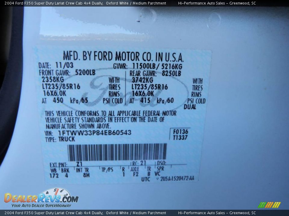 2004 Ford F350 Super Duty Lariat Crew Cab 4x4 Dually Oxford White / Medium Parchment Photo #29