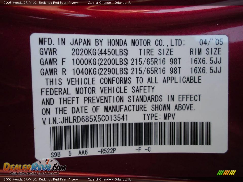 2005 Honda CR-V LX Redondo Red Pearl / Ivory Photo #25