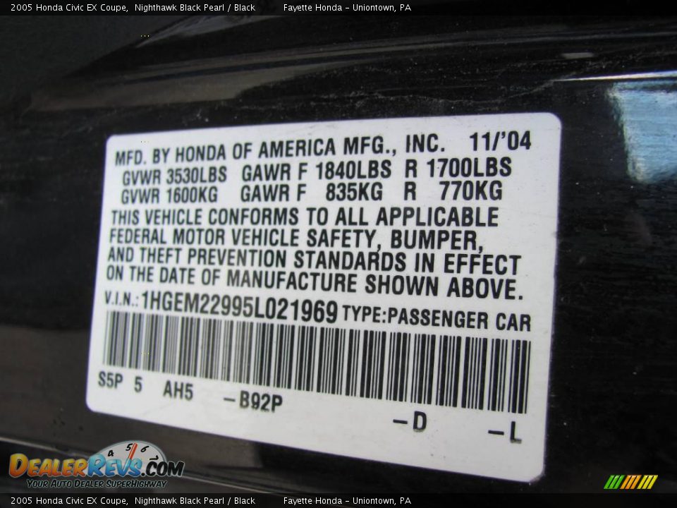2005 Honda Civic EX Coupe Nighthawk Black Pearl / Black Photo #19