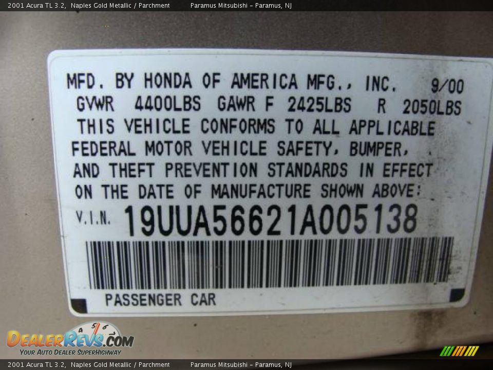 2001 Acura TL 3.2 Naples Gold Metallic / Parchment Photo #16