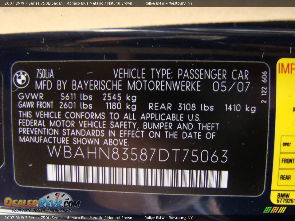 2007 BMW 7 Series 750Li Sedan Monaco Blue Metallic / Natural Brown Photo #15