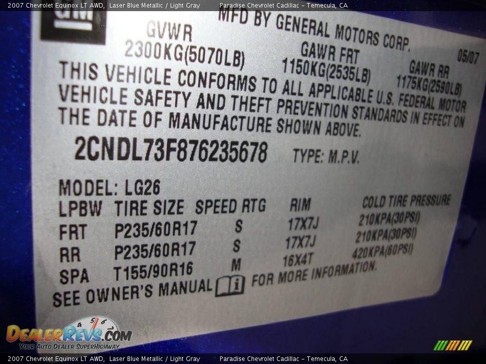 2007 Chevrolet Equinox LT AWD Laser Blue Metallic / Light Gray Photo #5