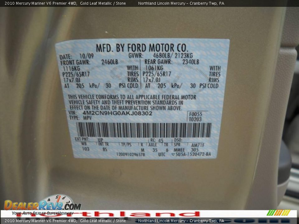 2010 Mercury Mariner V6 Premier 4WD Gold Leaf Metallic / Stone Photo #9