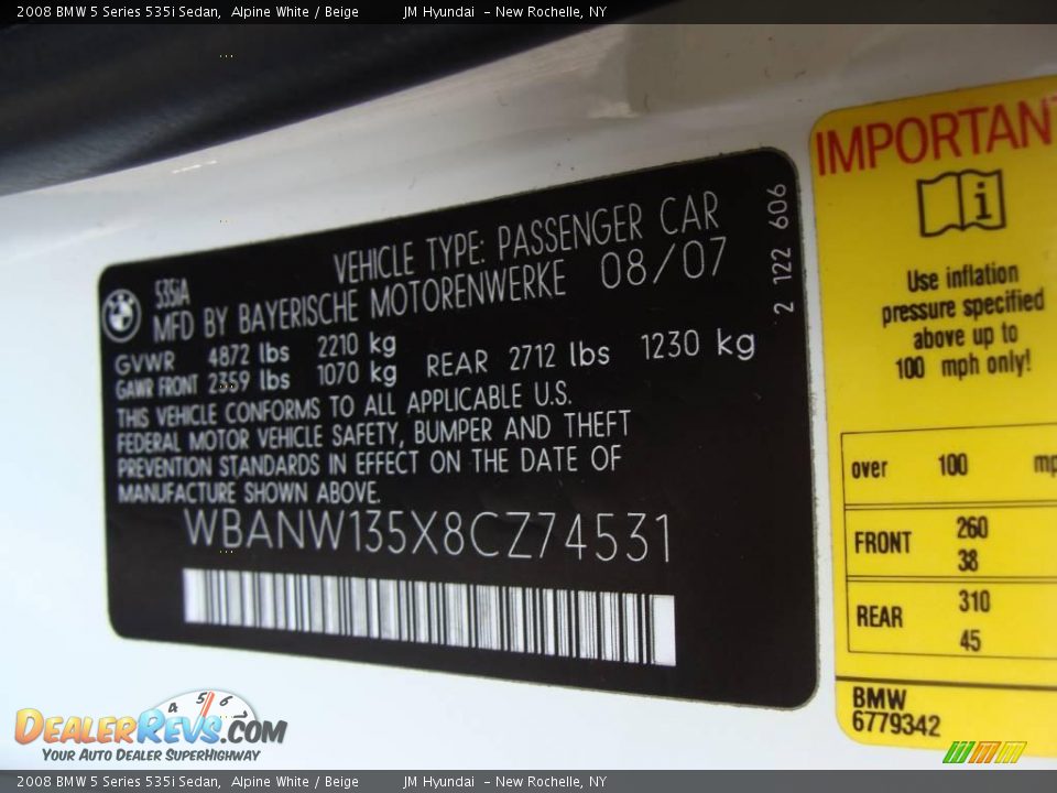 2008 BMW 5 Series 535i Sedan Alpine White / Beige Photo #26