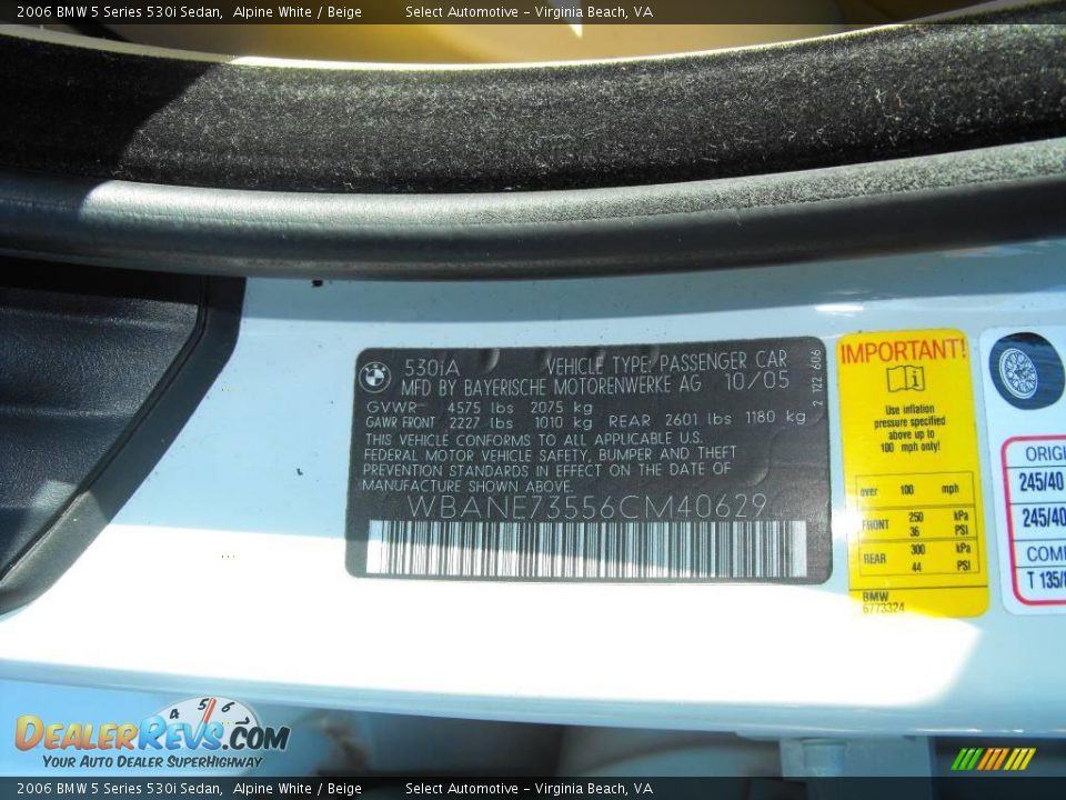 2006 BMW 5 Series 530i Sedan Alpine White / Beige Photo #22