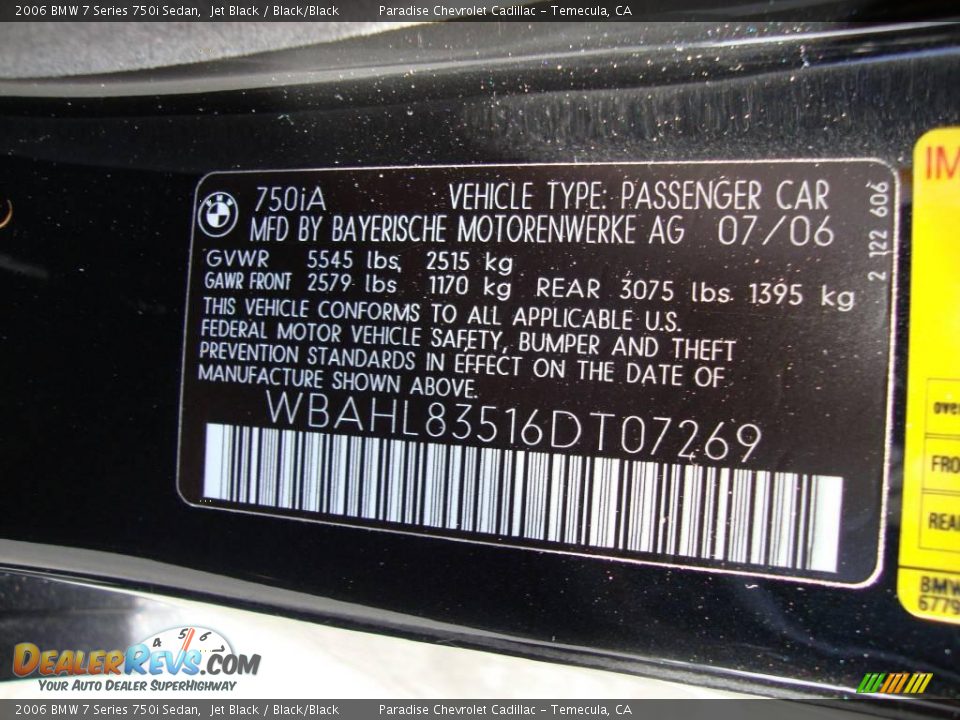 2006 BMW 7 Series 750i Sedan Jet Black / Black/Black Photo #5