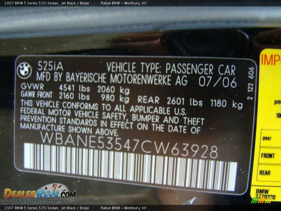 2007 BMW 5 Series 525i Sedan Jet Black / Beige Photo #15