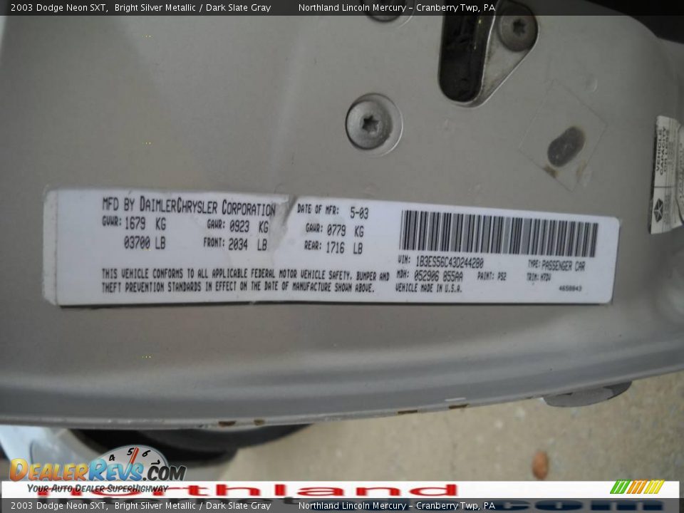 2003 Dodge Neon SXT Bright Silver Metallic / Dark Slate Gray Photo #9