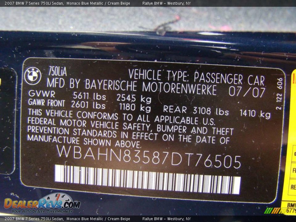 2007 BMW 7 Series 750Li Sedan Monaco Blue Metallic / Cream Beige Photo #14