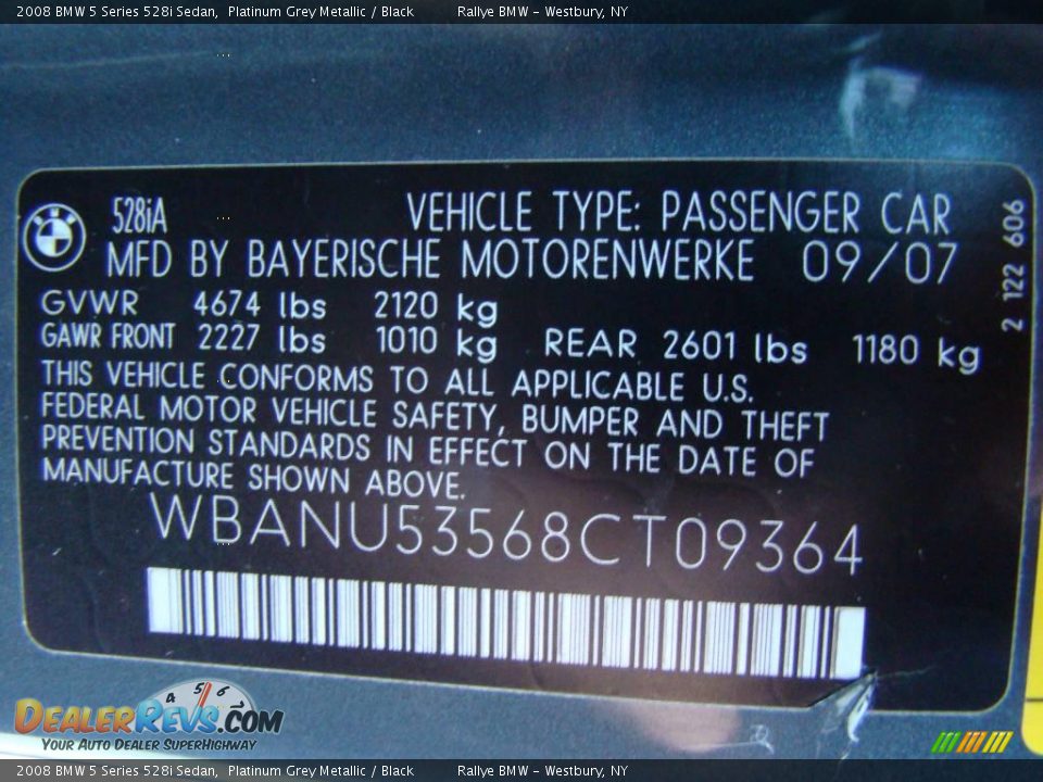 2008 BMW 5 Series 528i Sedan Platinum Grey Metallic / Black Photo #15