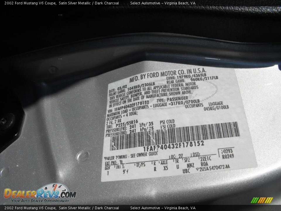 2002 Ford Mustang V6 Coupe Satin Silver Metallic / Dark Charcoal Photo #14