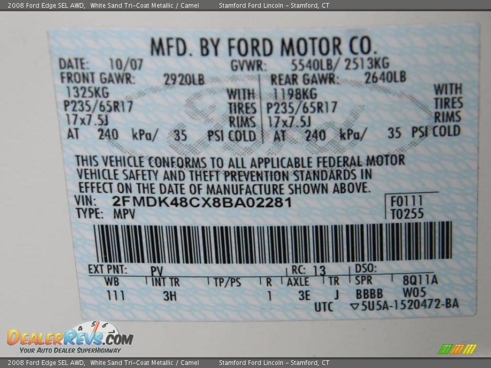 2008 Ford Edge SEL AWD White Sand Tri-Coat Metallic / Camel Photo #19