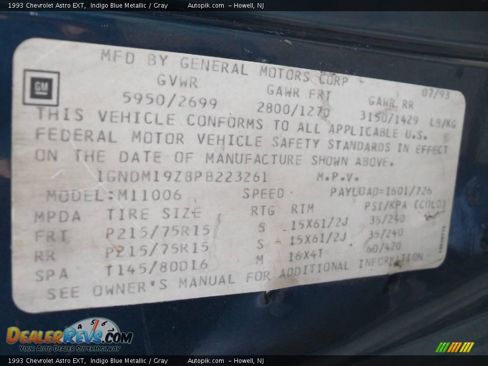 1993 Chevrolet Astro EXT Indigo Blue Metallic / Gray Photo #15