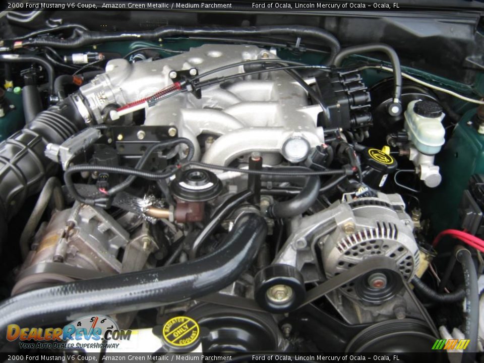2000 Ford Mustang V6 Coupe Amazon Green Metallic / Medium Parchment Photo #24