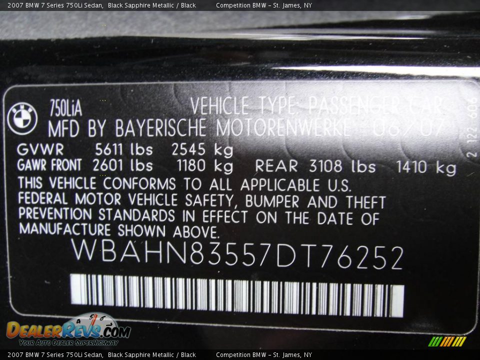 2007 BMW 7 Series 750Li Sedan Black Sapphire Metallic / Black Photo #15