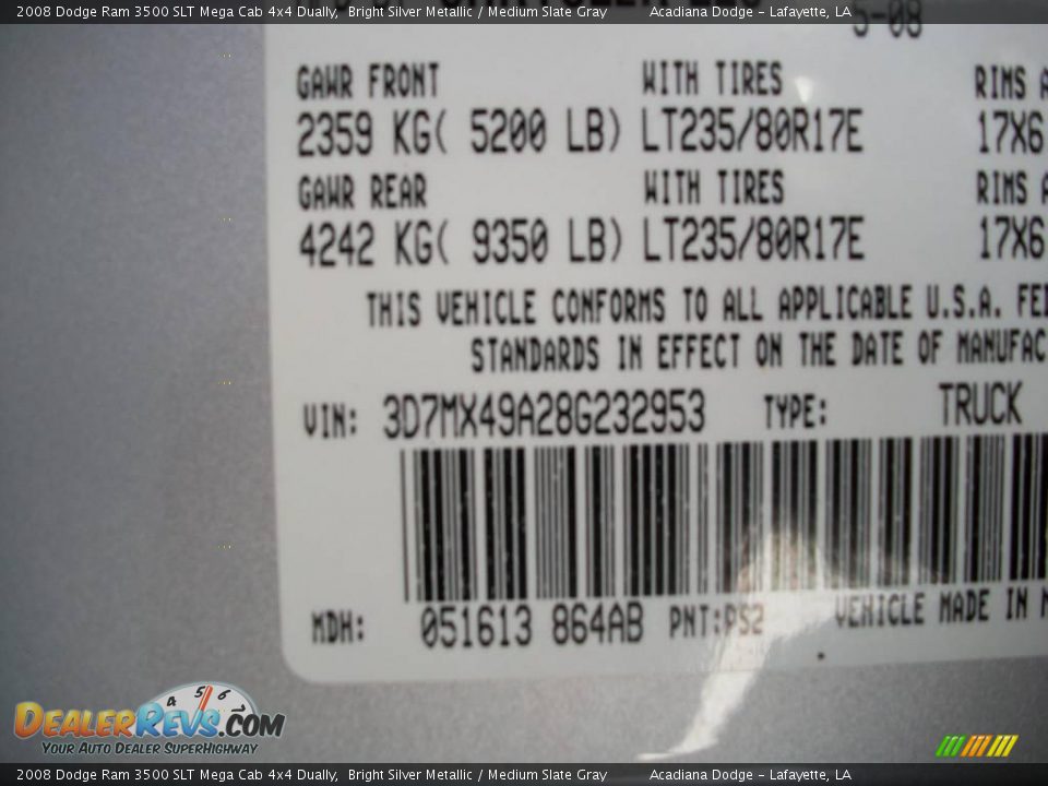 2008 Dodge Ram 3500 SLT Mega Cab 4x4 Dually Bright Silver Metallic / Medium Slate Gray Photo #13