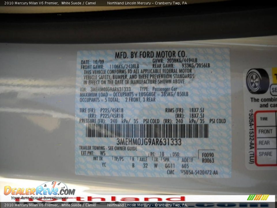 2010 Mercury Milan V6 Premier White Suede / Camel Photo #9