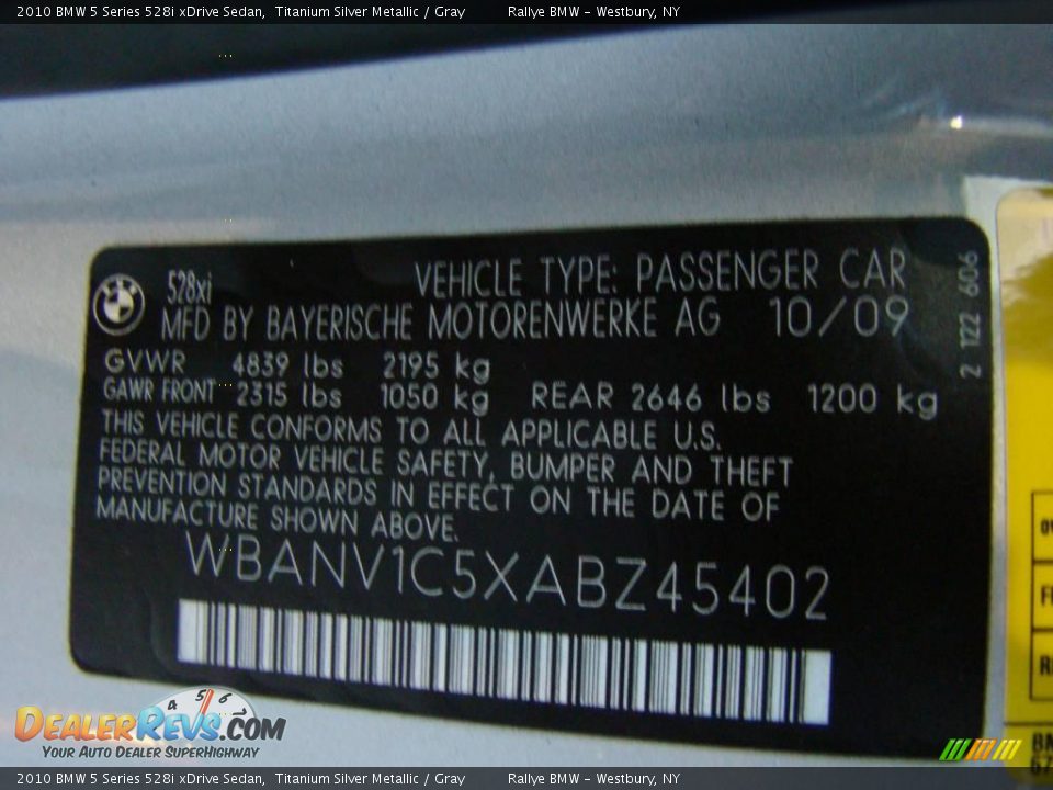 2010 BMW 5 Series 528i xDrive Sedan Titanium Silver Metallic / Gray Photo #14