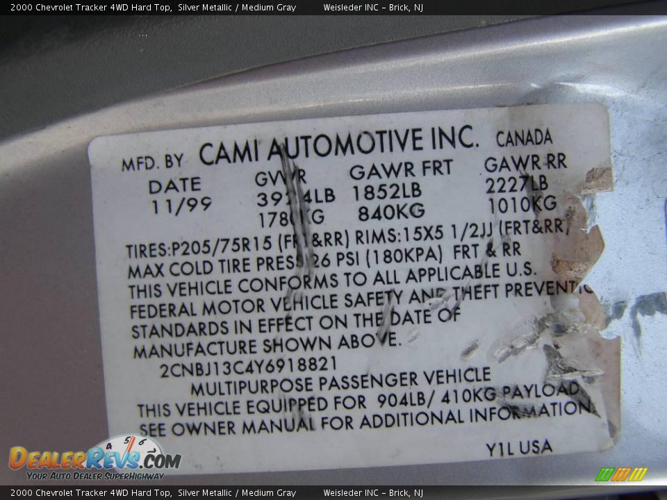 2000 Chevrolet Tracker 4WD Hard Top Silver Metallic / Medium Gray Photo #27