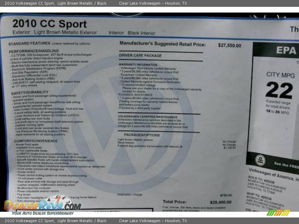 2010 Volkswagen CC Sport Light Brown Metallic / Black Photo #20